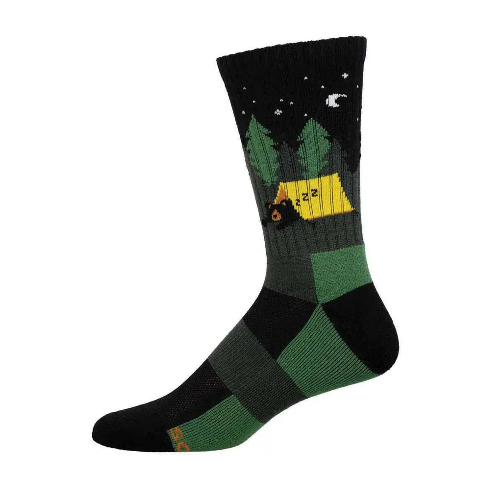 Brown & green crew sock with print of open tent & brown bear sleeping inside under night sky