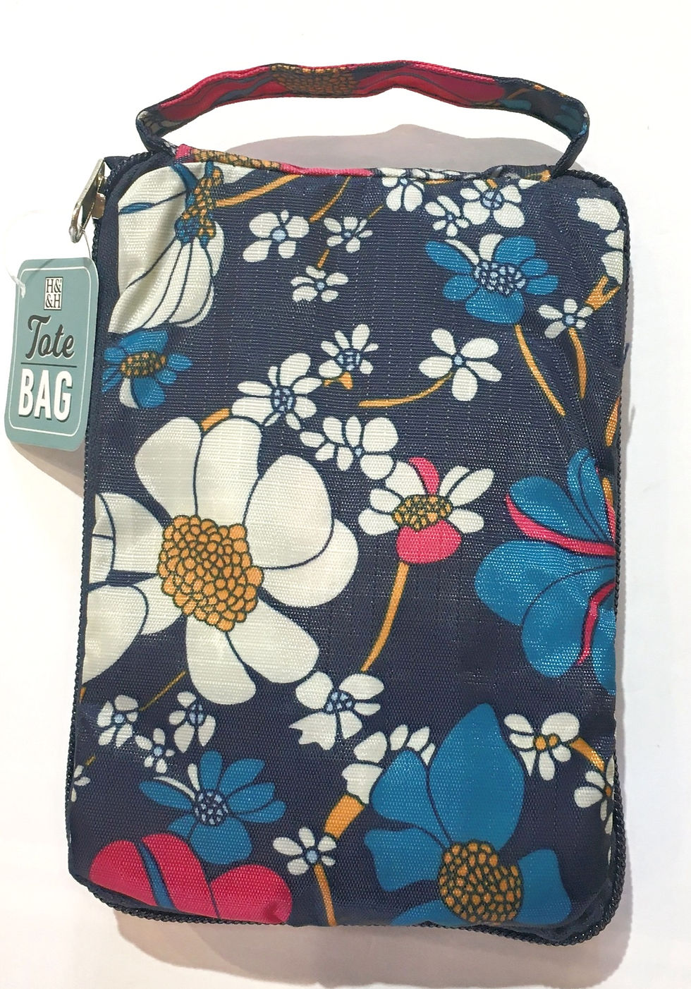 Thumbnail: back of navy floral print tote bag zipped shut