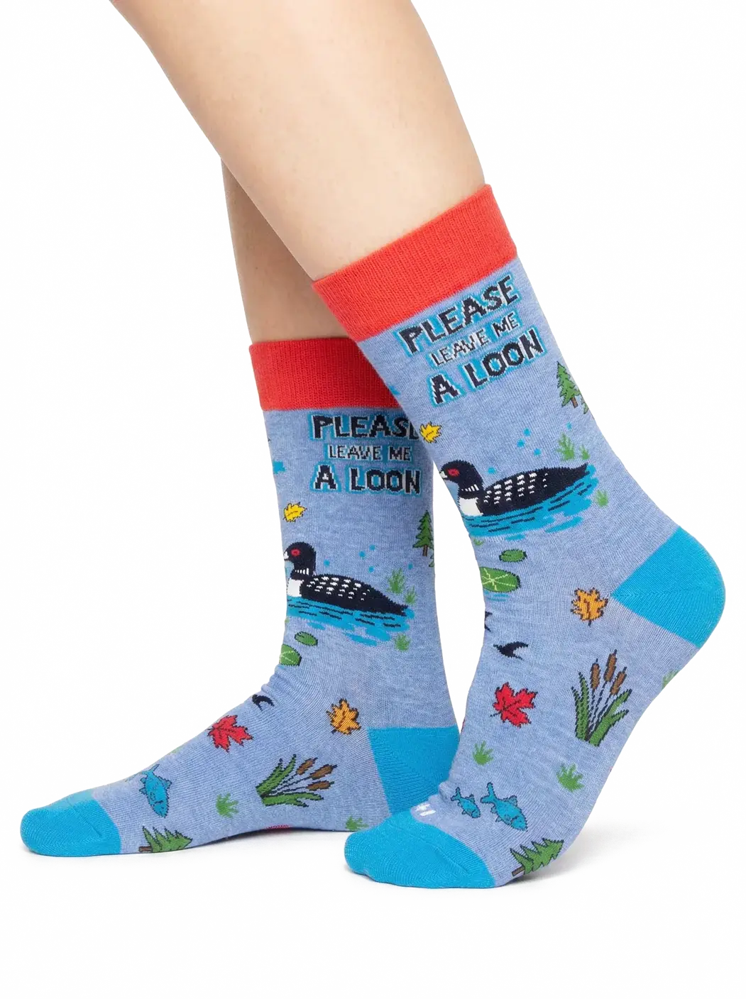 Side view of blue socks with loon print & text, 'Please Leave Me a Loon' at Tickled Pink Ottawa