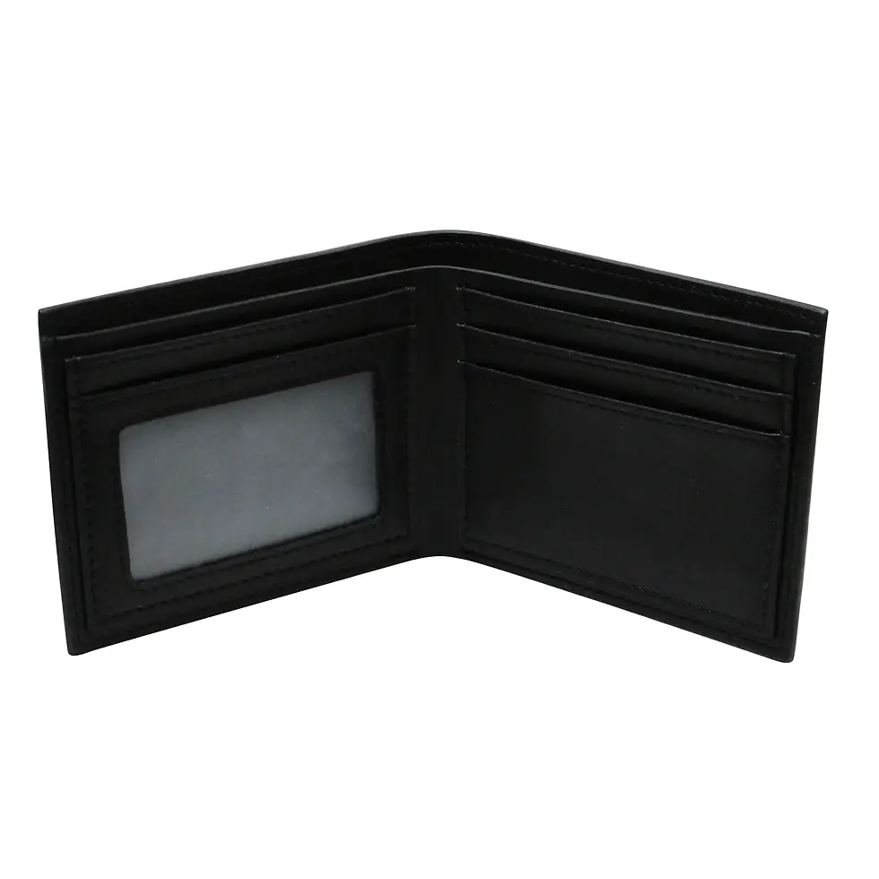 Inside of black folding wallet with 2 compartments for bills, 1 photo slot & 4 card slots