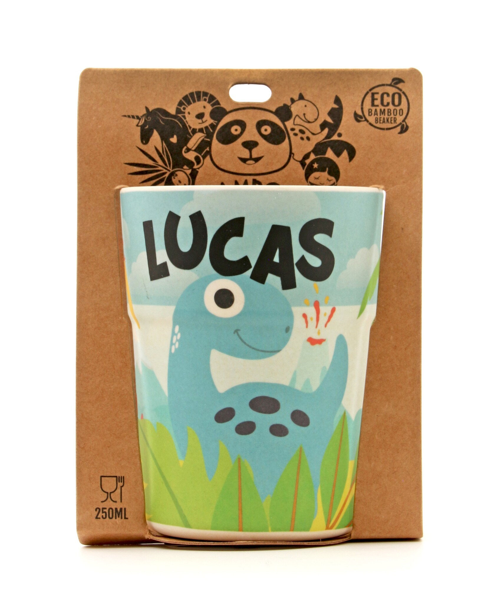 Colorful kids beaker with image of blue dinosaur & black text 'Lucas' in brown cardboard packaging with panda logo