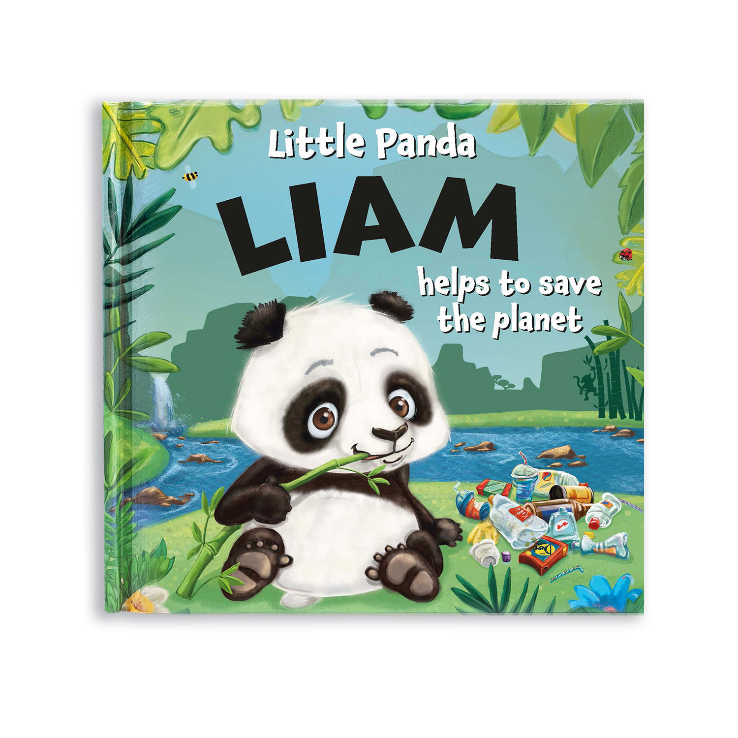 Green & blue book with picture of panda, title, 'Little Panda LIAM helps to save the planet'