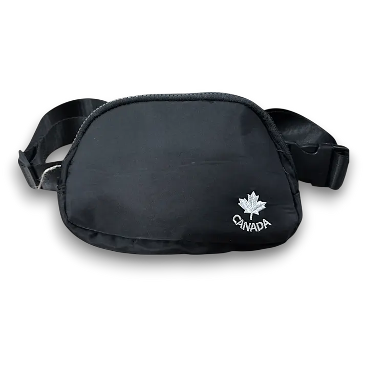 Black zippered hip pack with white embroidered maple leaf & text, 'Canada' in bottom corner