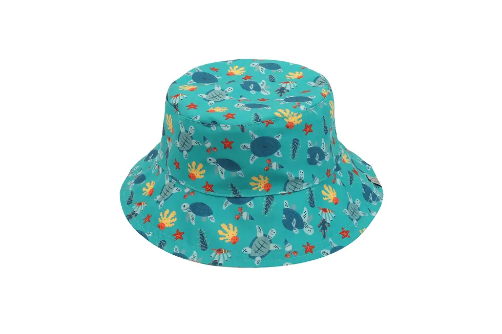 Thumbnail: Turquoise bucket hat with colorful turtle print