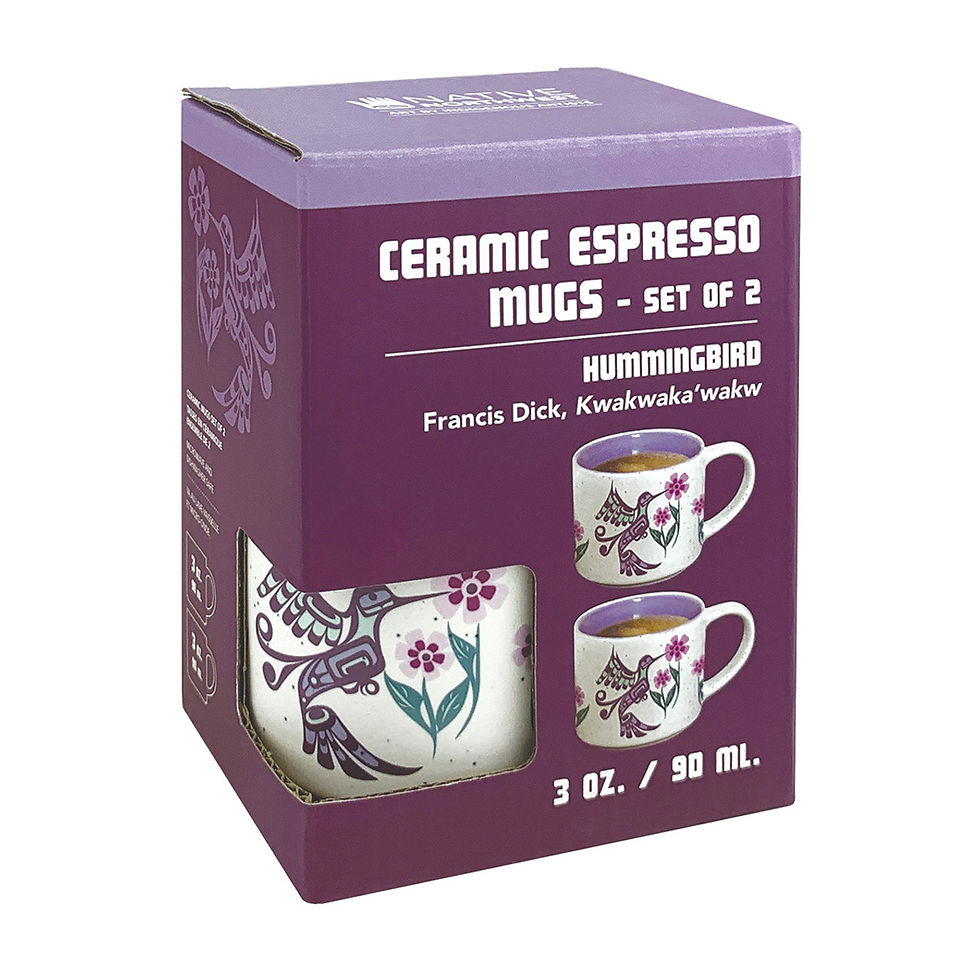 Thumbnail: Set of 2 ceramic espresso mugs with reproduction of artist Francis Dick's 'Hummingbird'-boxed