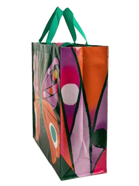 Right view of large black rectangular shopping bag with 2 handles - image of big orange & purple butterfly