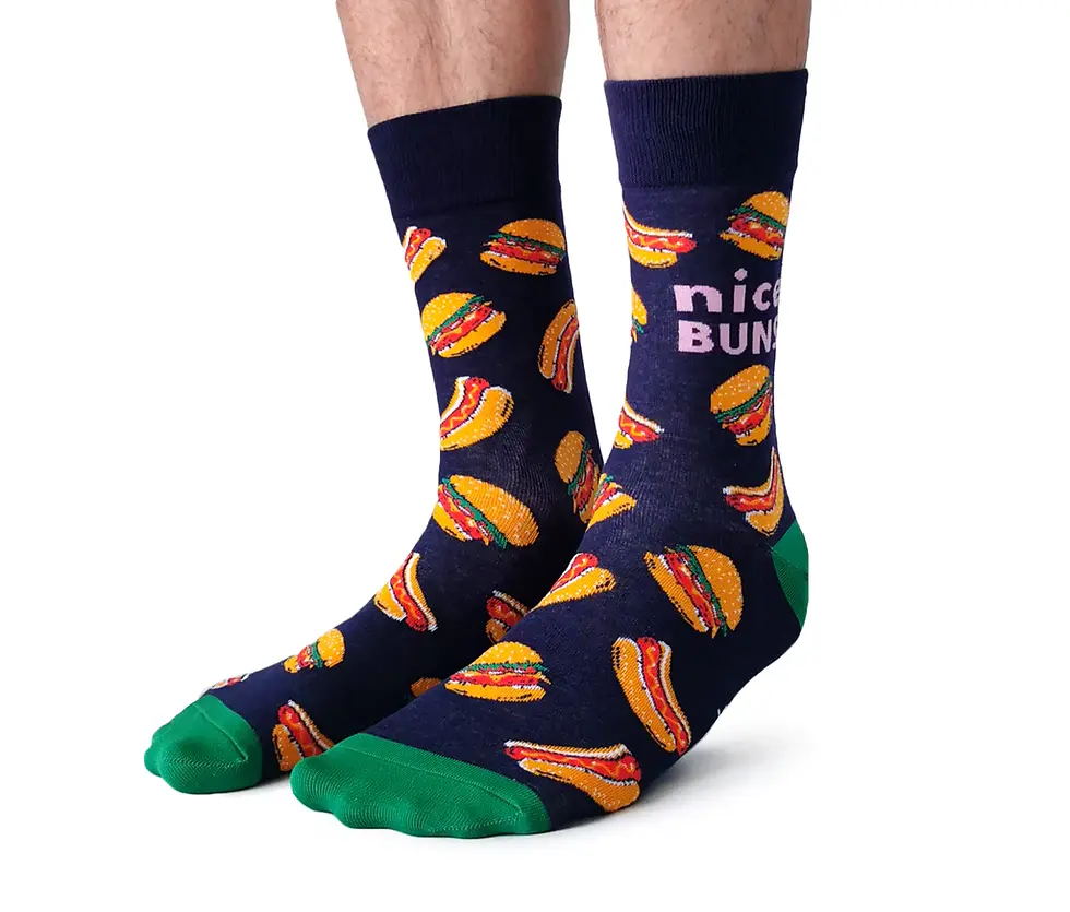 Angled front-left view of pair of navy socks with print of all-dressed hamburgers, text, "Nice buns"