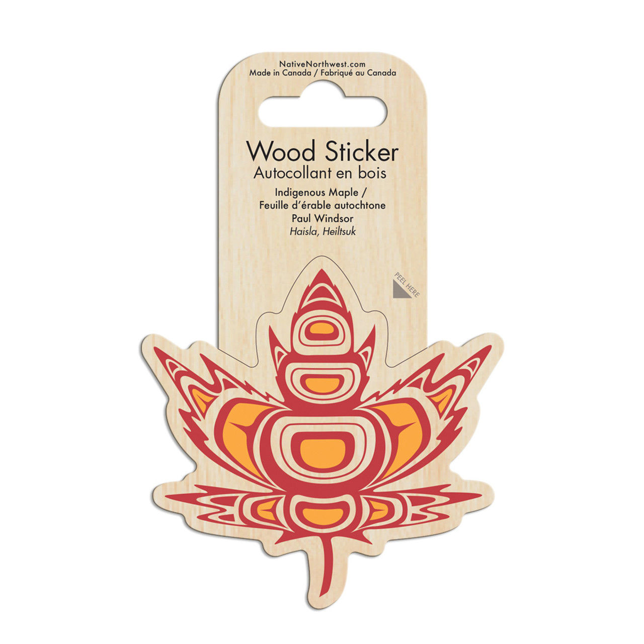 Woodgrain paper hanger for wooden sticker with reproduction of artist Paul Windsor's 'Indigenous Maple'