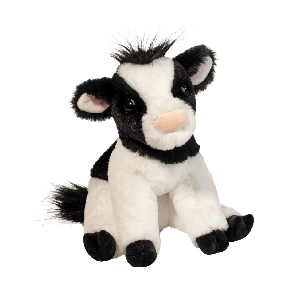 Front view of black & white stuffed toy cow in seated position