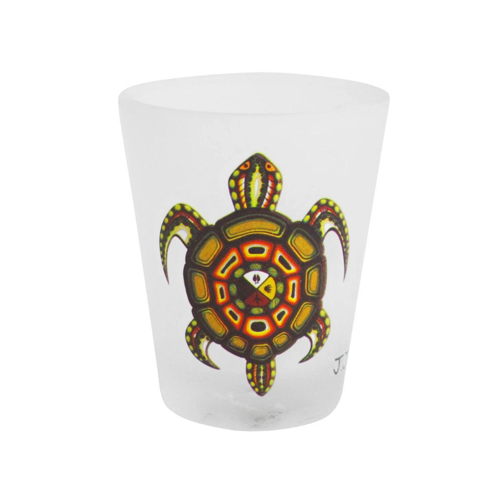Frosted shot glass Medicine Turtle by James Jacko at Quichua World Market, Ottawa
