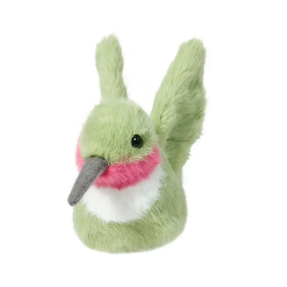 Front view of pale green & coral stuffed toy hummingbird with wings outstretched