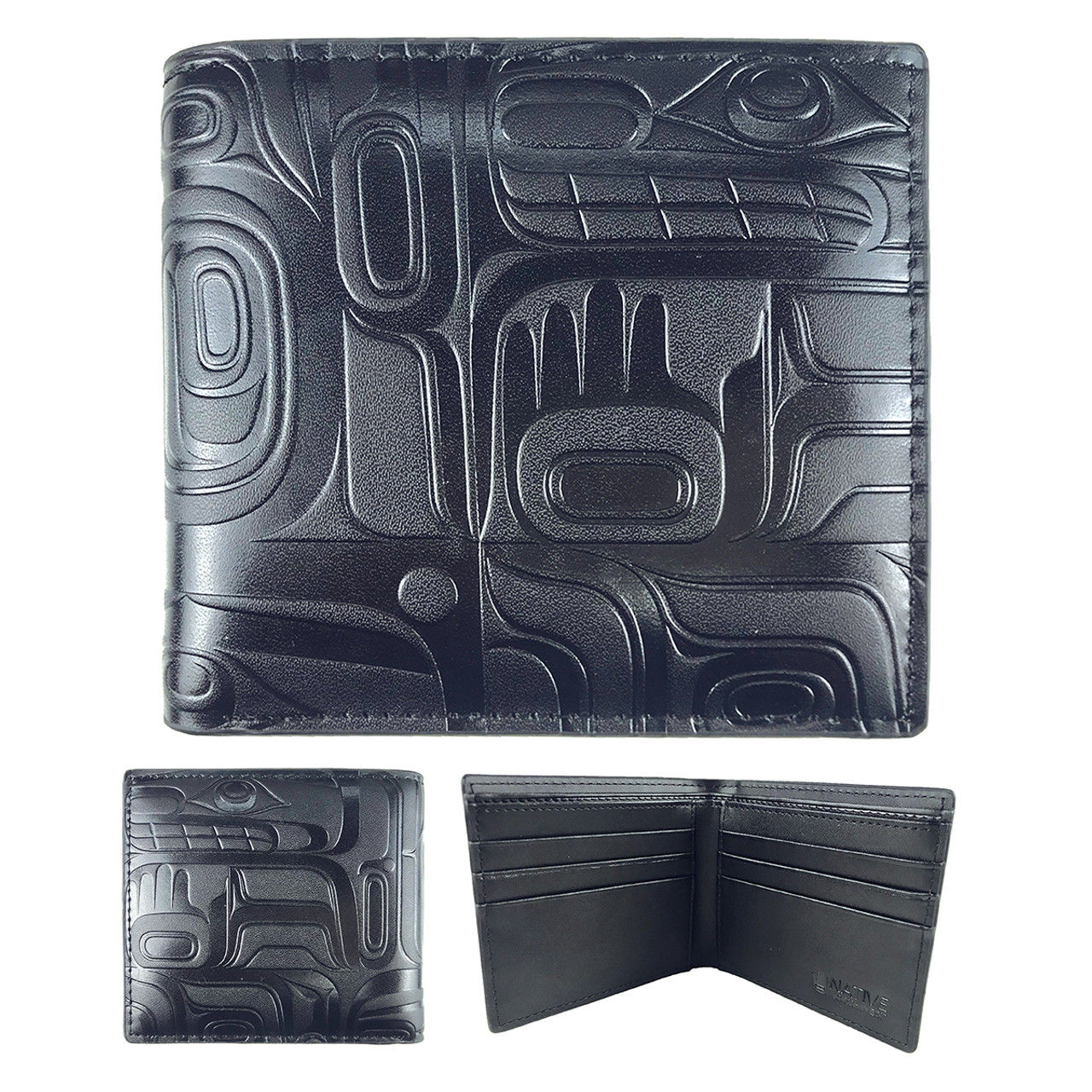 Front, back & inside view of black leather wallet embossed with artist Ryan Cranmer's 'Tradition'