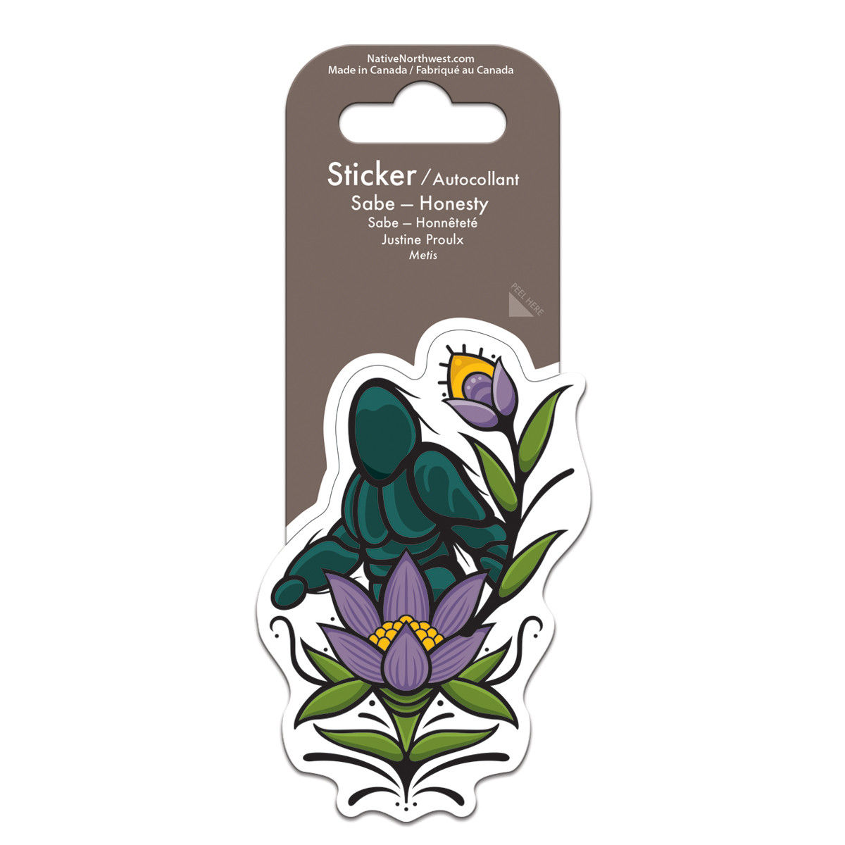 Gray & white paper hanger for vinyl sticker with reproduction of artist Justine Proulx's 'Sabe-Honesty'