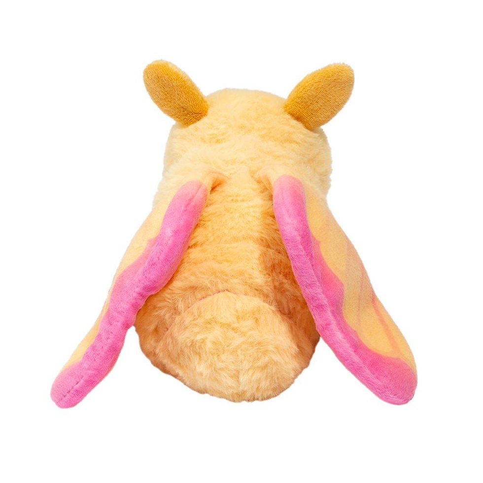 Thumbnail: Back view of pink & yellow stuffed toy maple moth with smiling face
