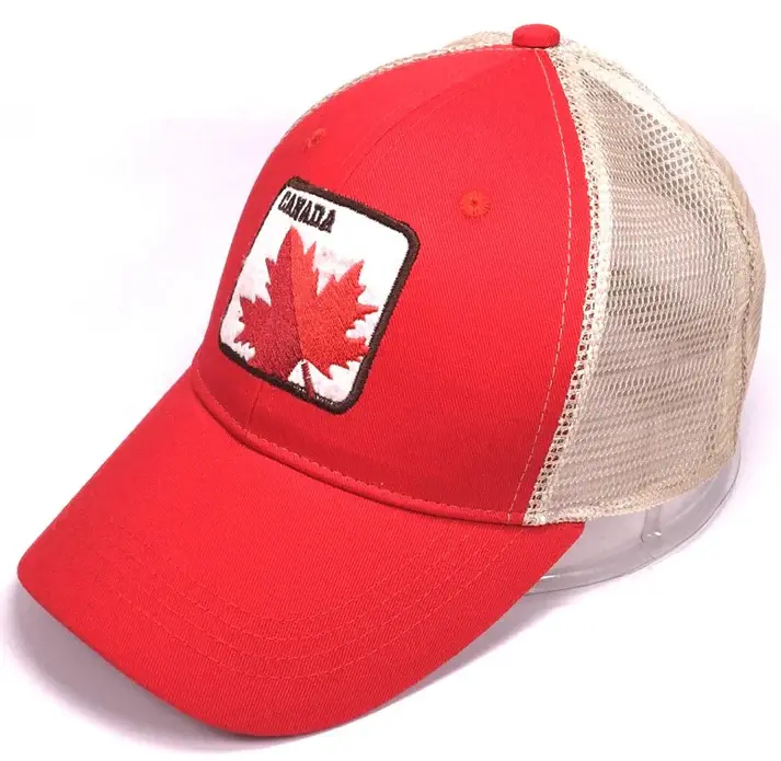 Red baseball cap with white mesh back & red & white maple leaf patch on front