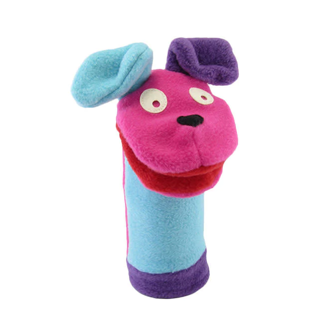 Pink, blue & purple polar fleece hand puppet with happy dog face & ears