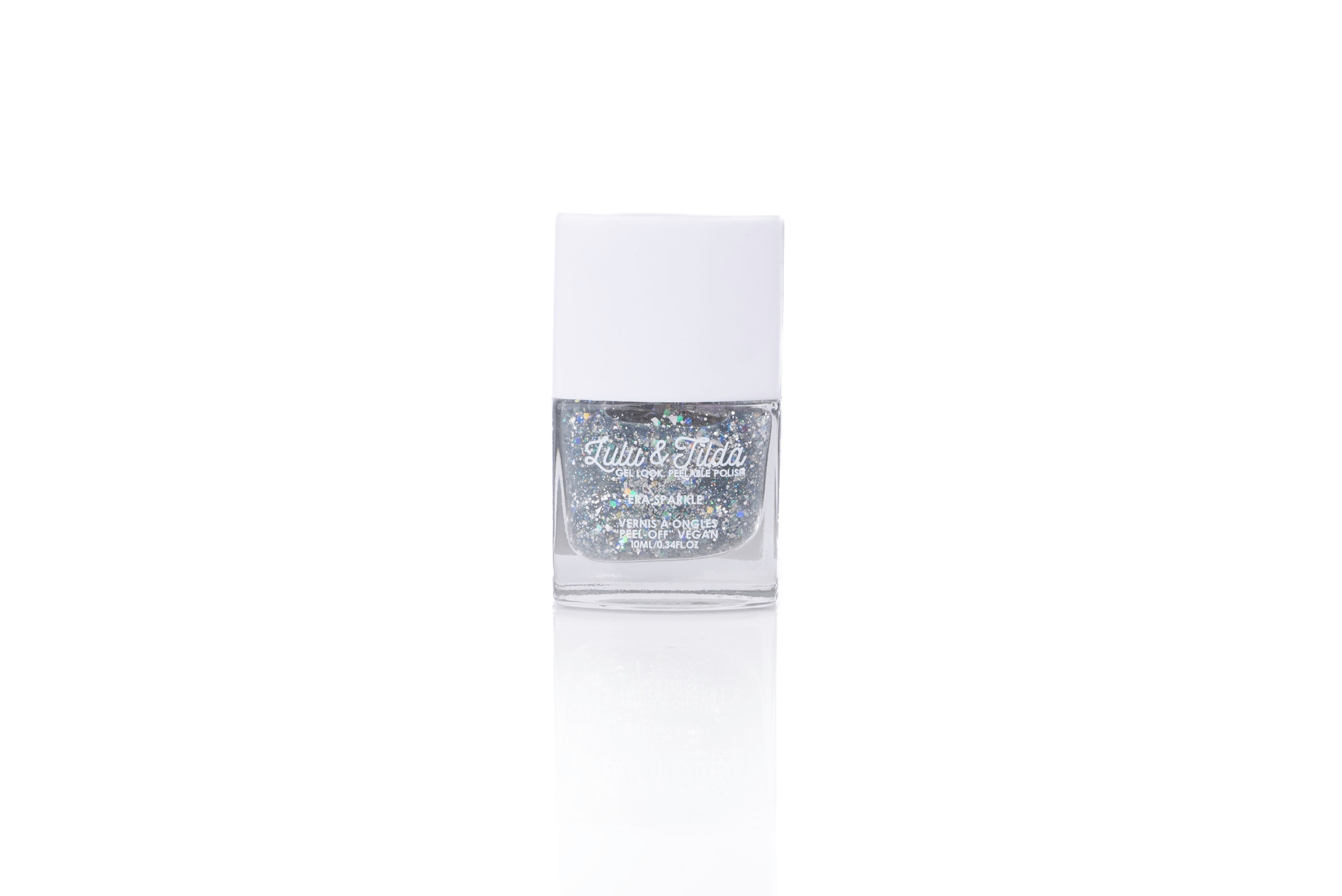 White capped bottle of Lulu & Tilda children's peelable nail polish, color Era Sparkle