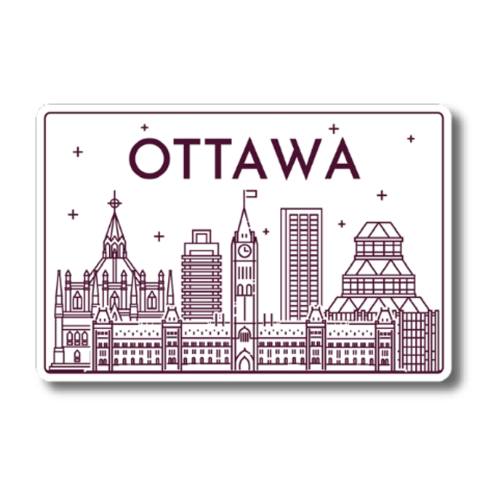 A white wooden magnet featuring a minimalist burgundy line art drawing of the Ottawa skyline at Tickled Pink.