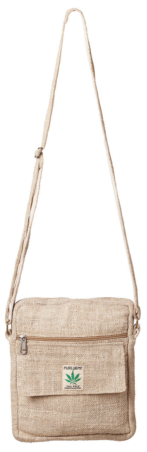 Thumbnail: Natural white hemp purse with long shoulder strap, front zip pocket