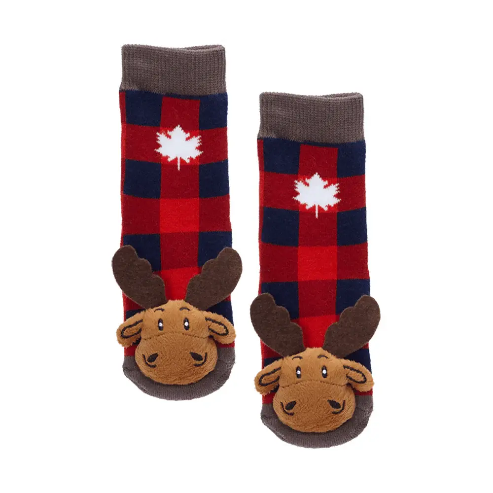 Black & red checkered socks with fuzzy brown moose on toes of sock