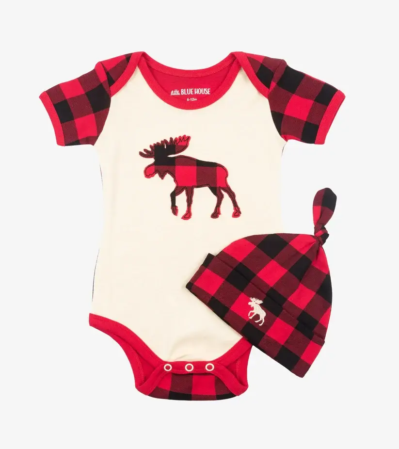 Little Blue House Plaid Moose baby bodysuit and matching knotted hat set at Tickled Pink.