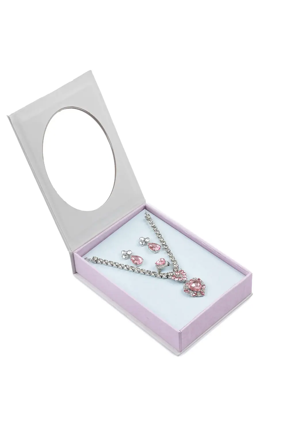 Thumbnail: Open box jewelry set -crystal studded necklace pink gem heart pendant, pink gem heart ring & pink teardrop gem earrings