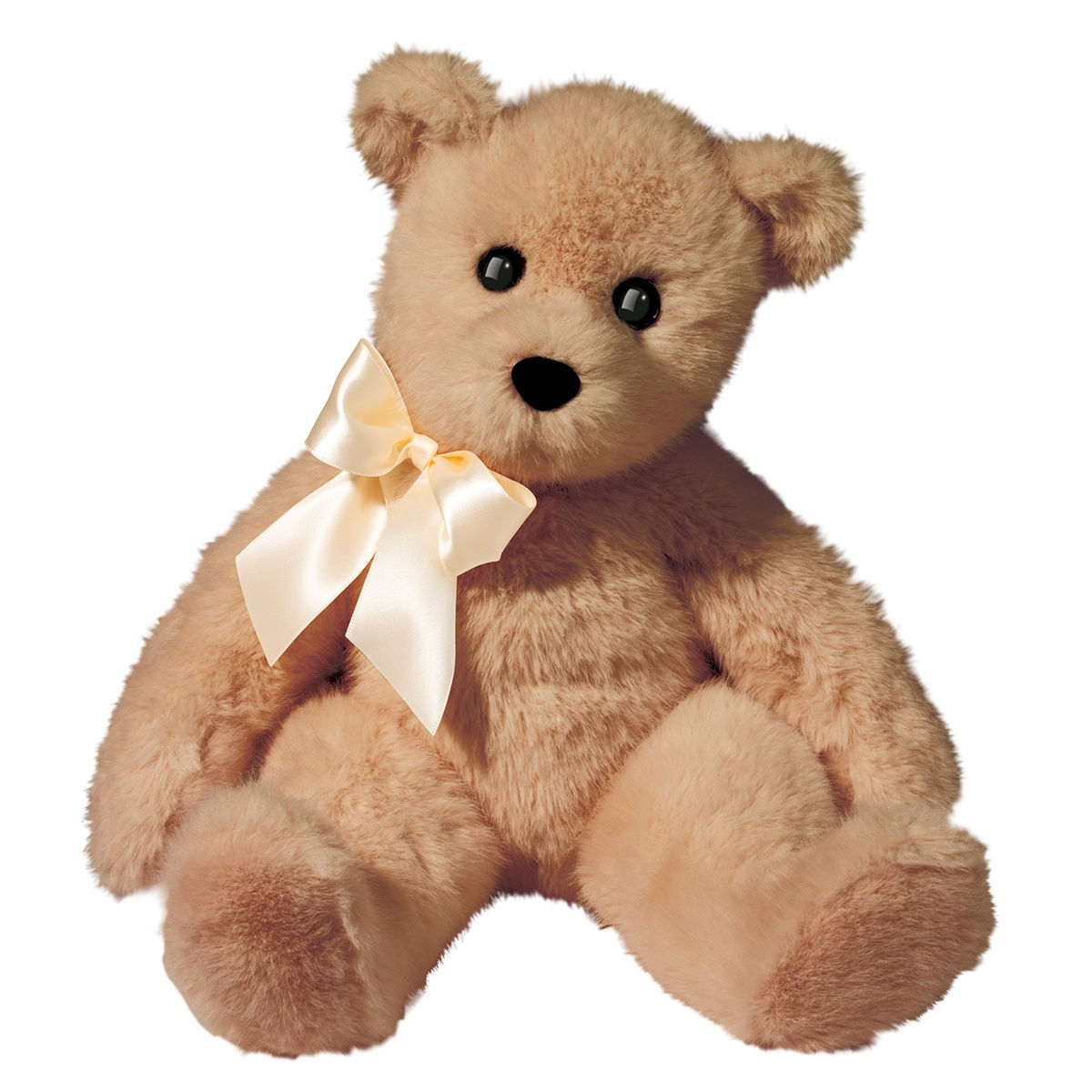 Front view of medium light brown seated teddy bear with ivory ribbon around neck