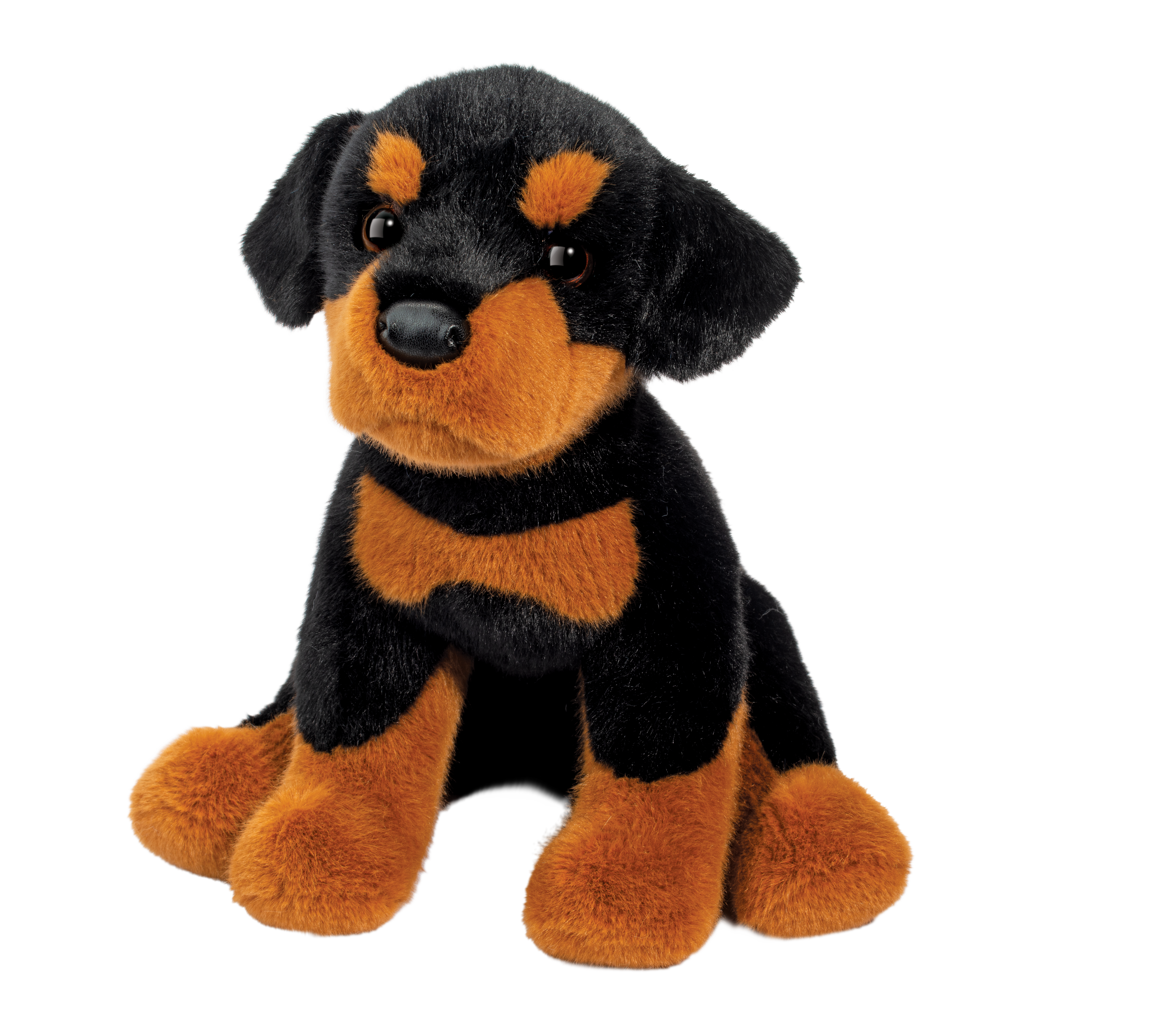 Front view of brown & black Rottweiler stuffed toy dog in sitting position