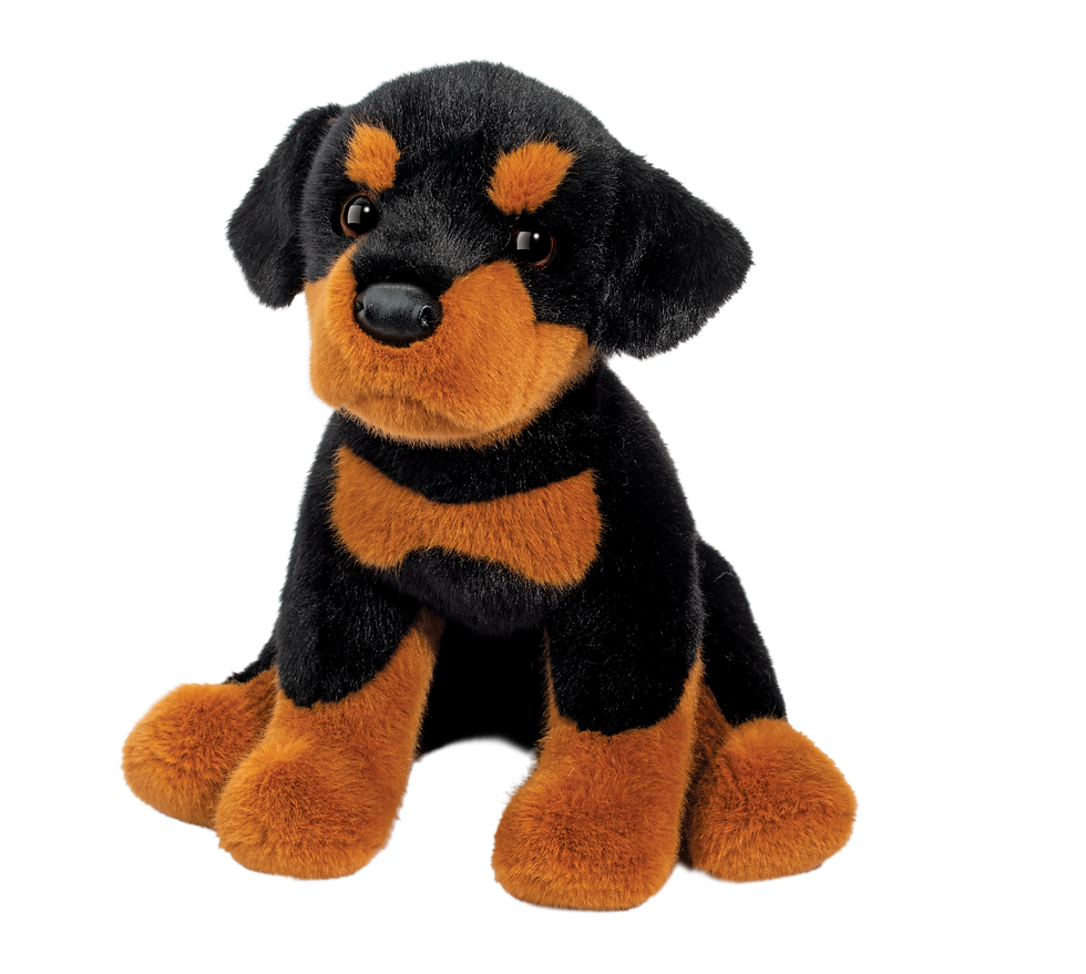 Front view of brown & black Rottweiler stuffed toy dog in sitting position