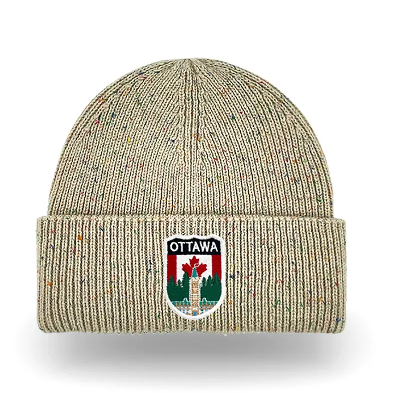 Speckled beige ribbed cuffed toque with Ottawa patch front center