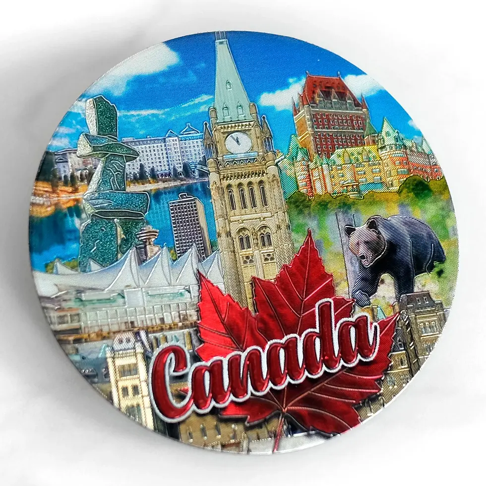 Round magent with colorful image of Canadian parliament buildings, red maple leaf, text, 'Canada'