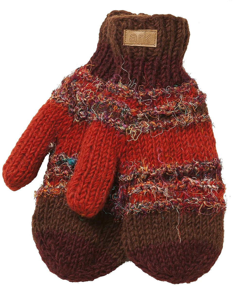 Thumbnail: Knit wool mitts brown & rust stripes alternating with multi-colored silk stripes