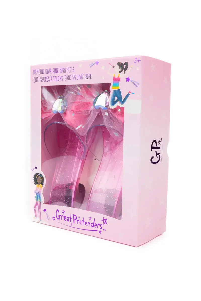 Child's pink dress up high heeled slip-ons with pink bow in pink clear front box