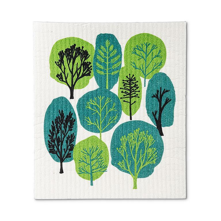 White rectangular dishcloths with green print of trees