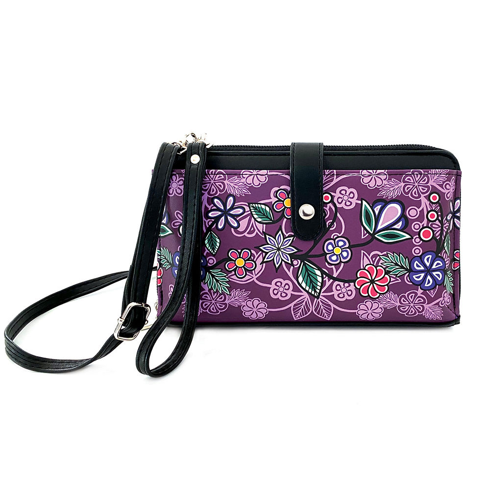 Rectangular purple bag with long adjustable strap, printed with artist Storm Angeconeb's 'Ojibwe Florals'