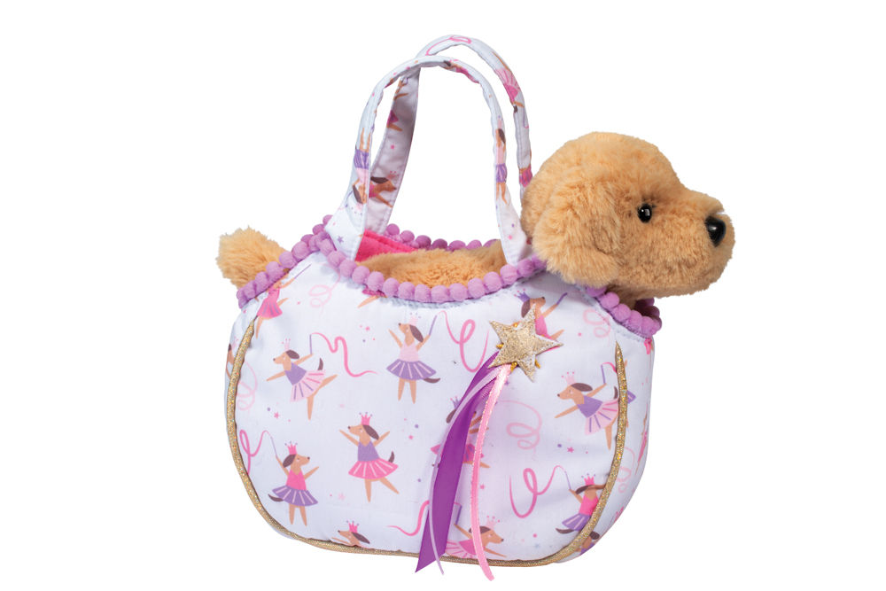 Dog ballerinas print cloth purse with stuffed toy Golden retriever inside