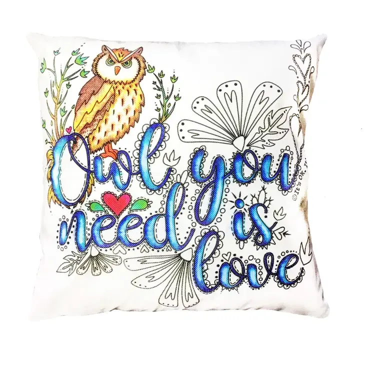 Pillow stamped with black & white Owl You Need is Love design