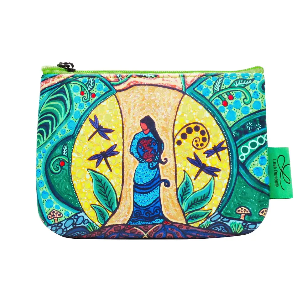 Front of rectangular zippered faux leather coin purse featuring Leah Dorion's painting 'Strong Earth Woman'