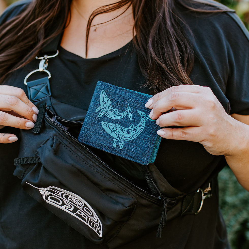 Model holding Humpback Whale Crosshatch Wallet by Gordon White at Quichua World Market.