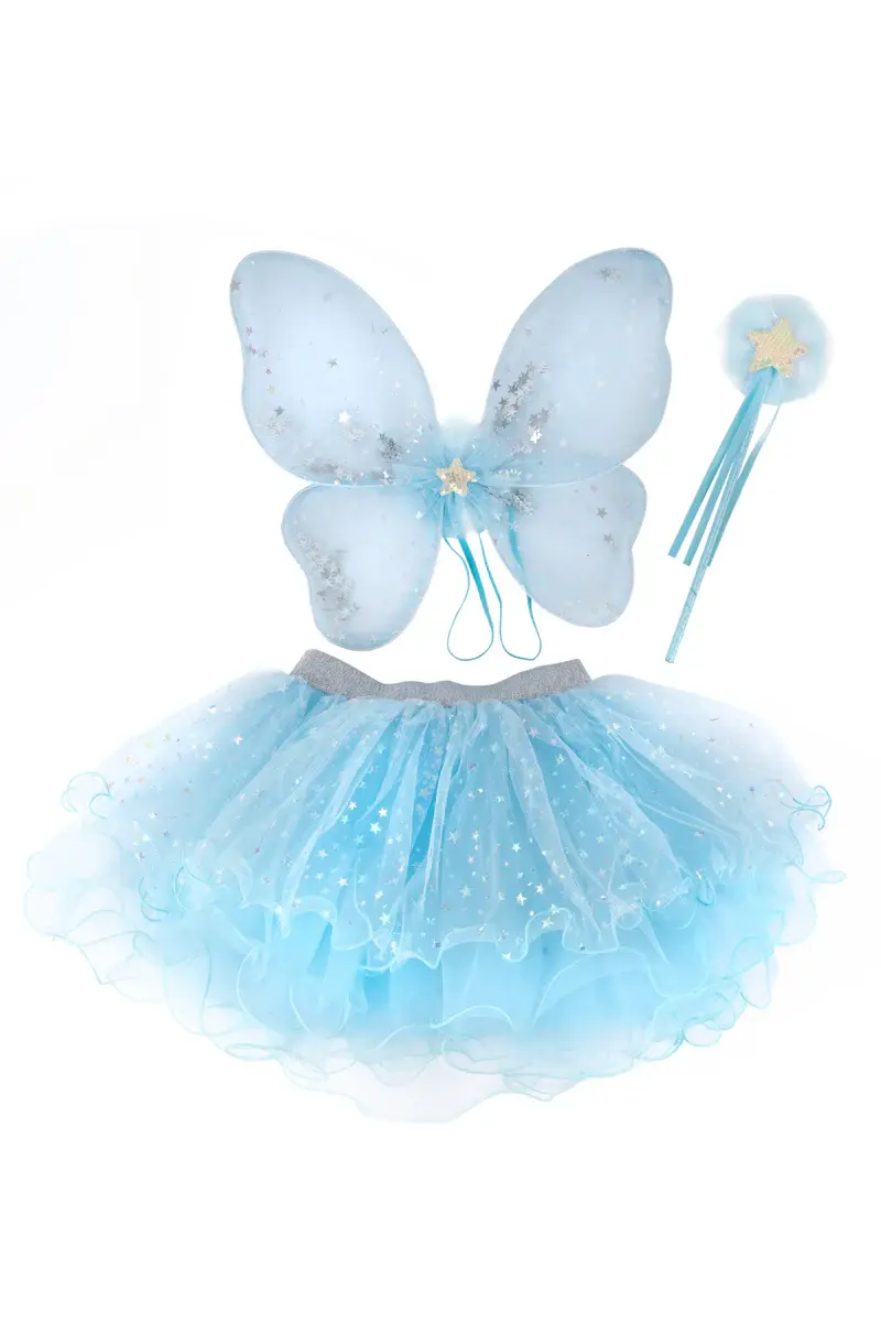 Pale blue glittery tutu, wings & wand dress-up set