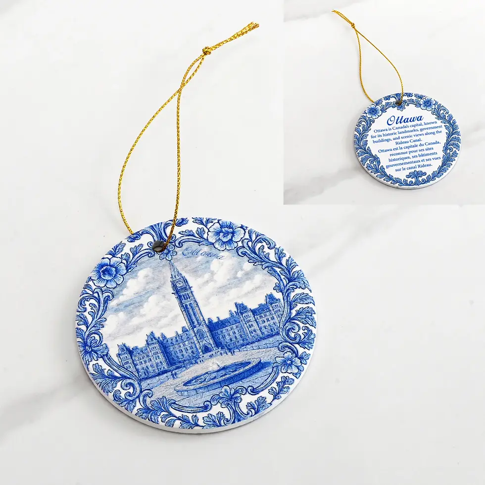 Ottawa Parliament Blue Double-Sided Ceramic Ornament at Tickled Pink in Ottawa ByWard Market.
