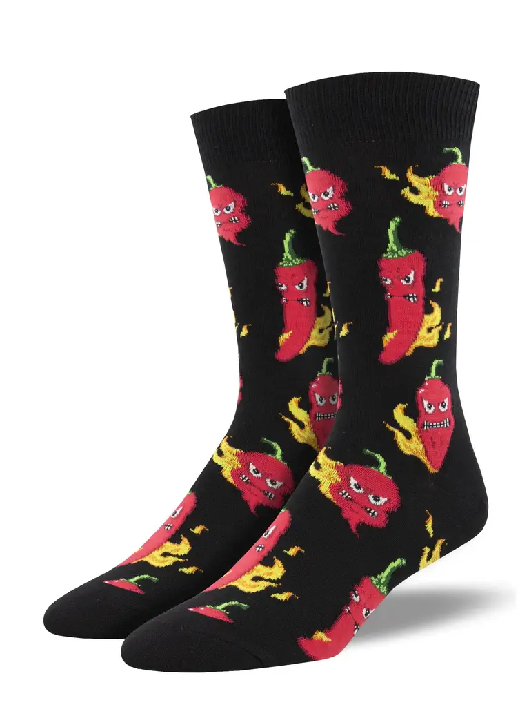 Pair of black socks with print of red chili peppers with angry faces