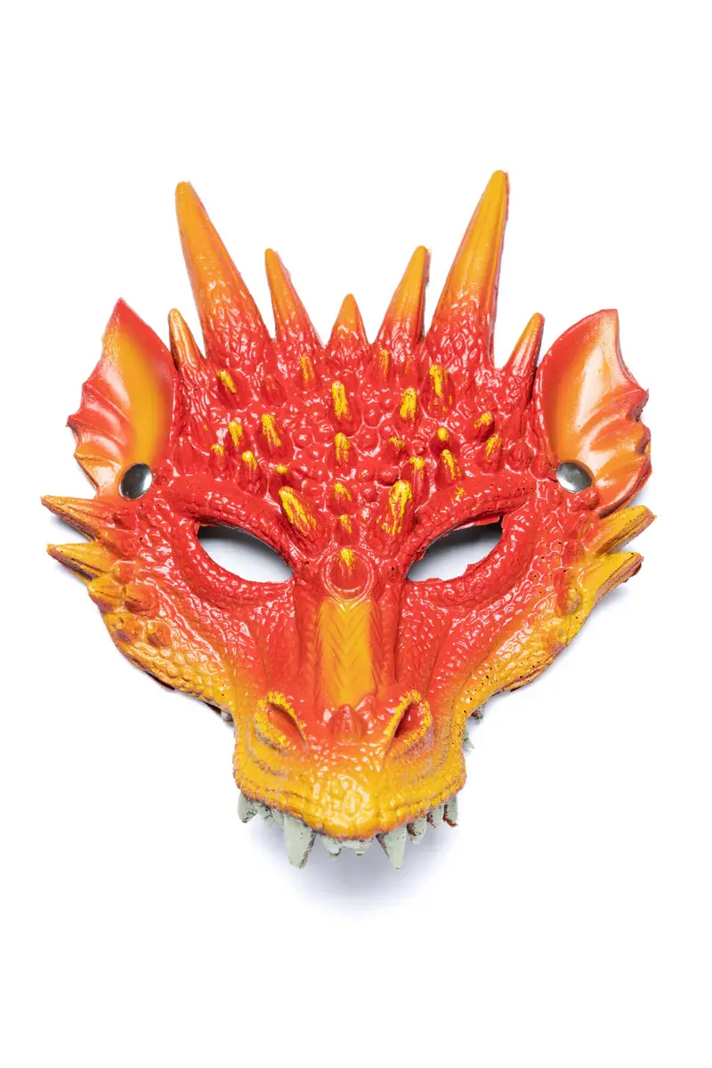 Front view of red rubberized foam mask of scaly dragon face, horns & teeth