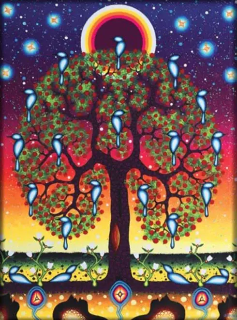 Magnet with James Jacko's 'Tree of Life' painting of colourful tree filled with birds in front of setting sun sky