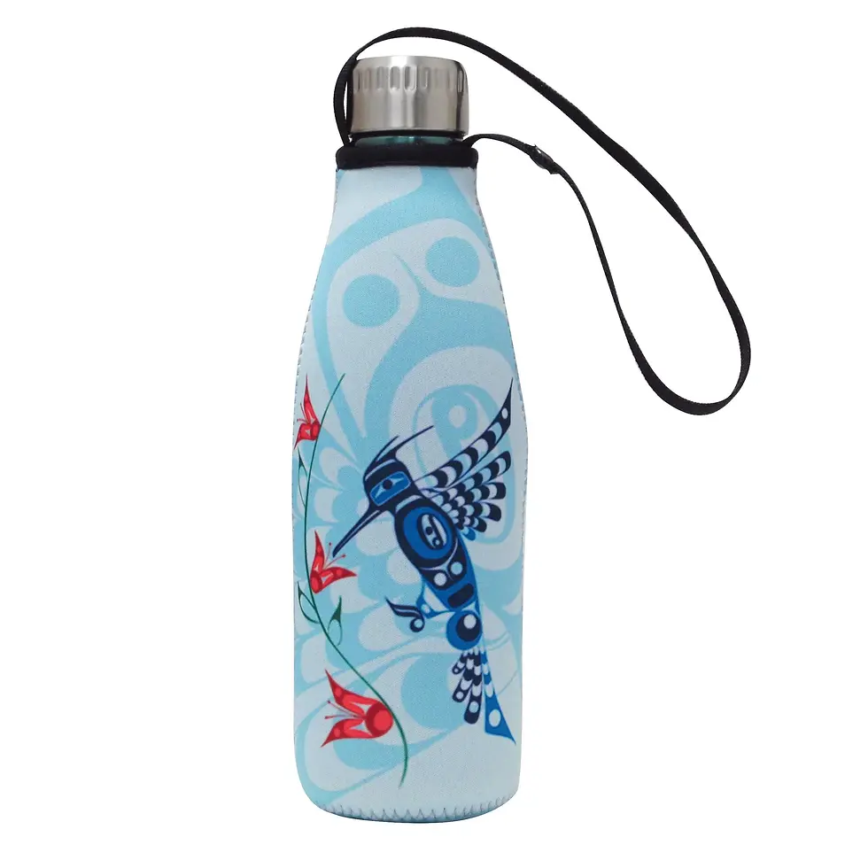 Stainless steel water bottle with zippered sleeve printed with artist Francis Dick's painting, 'Peace, Love & Happiness'