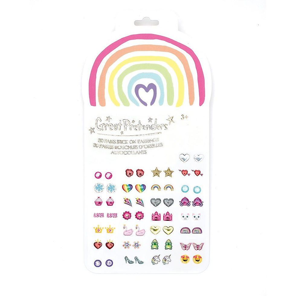 White cardboard package holding 30 pairs of stick-on-earrings with colorful rainbow at top