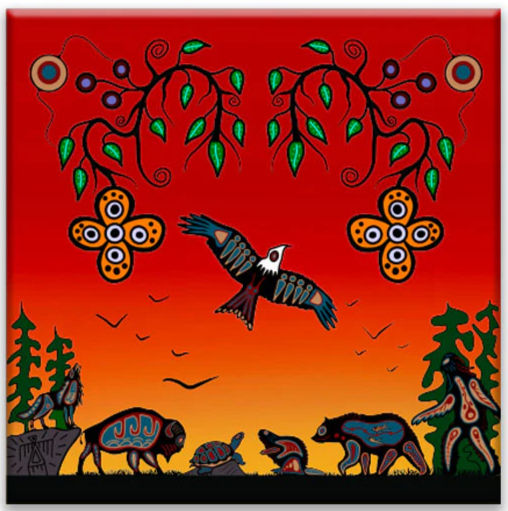 Square red ceramic tile printed with reproduction of artist Cody Houle's painting, 'Seven Grandfather Teachings'