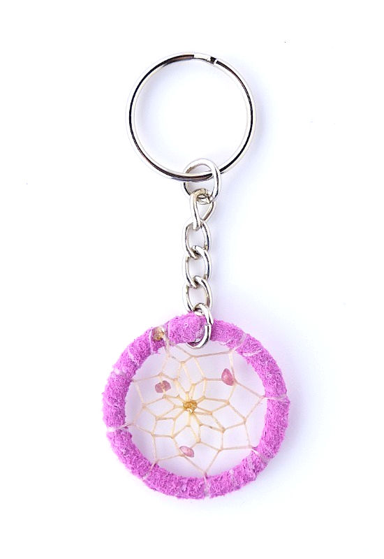 Pink leather dream catcher with pink tourmaline stones in web & keychain attached