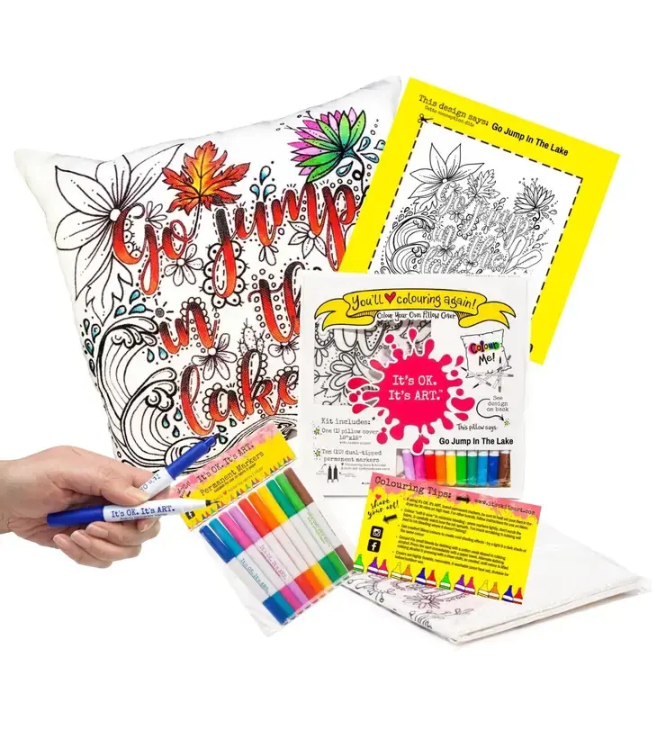 Pillow stamped with black & white Go Jump in the Lake design, pack of 10 markers, coloring tips & card