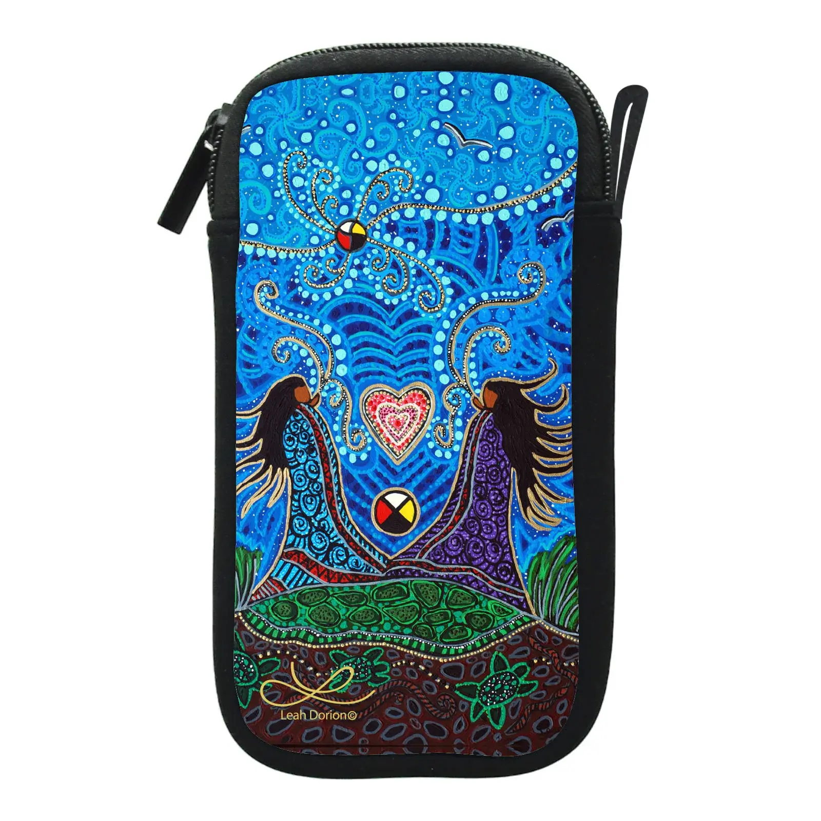 Long narrow zippered pouch with reproduction of Leah Dorion's painting 'Breath of Life' printed on it